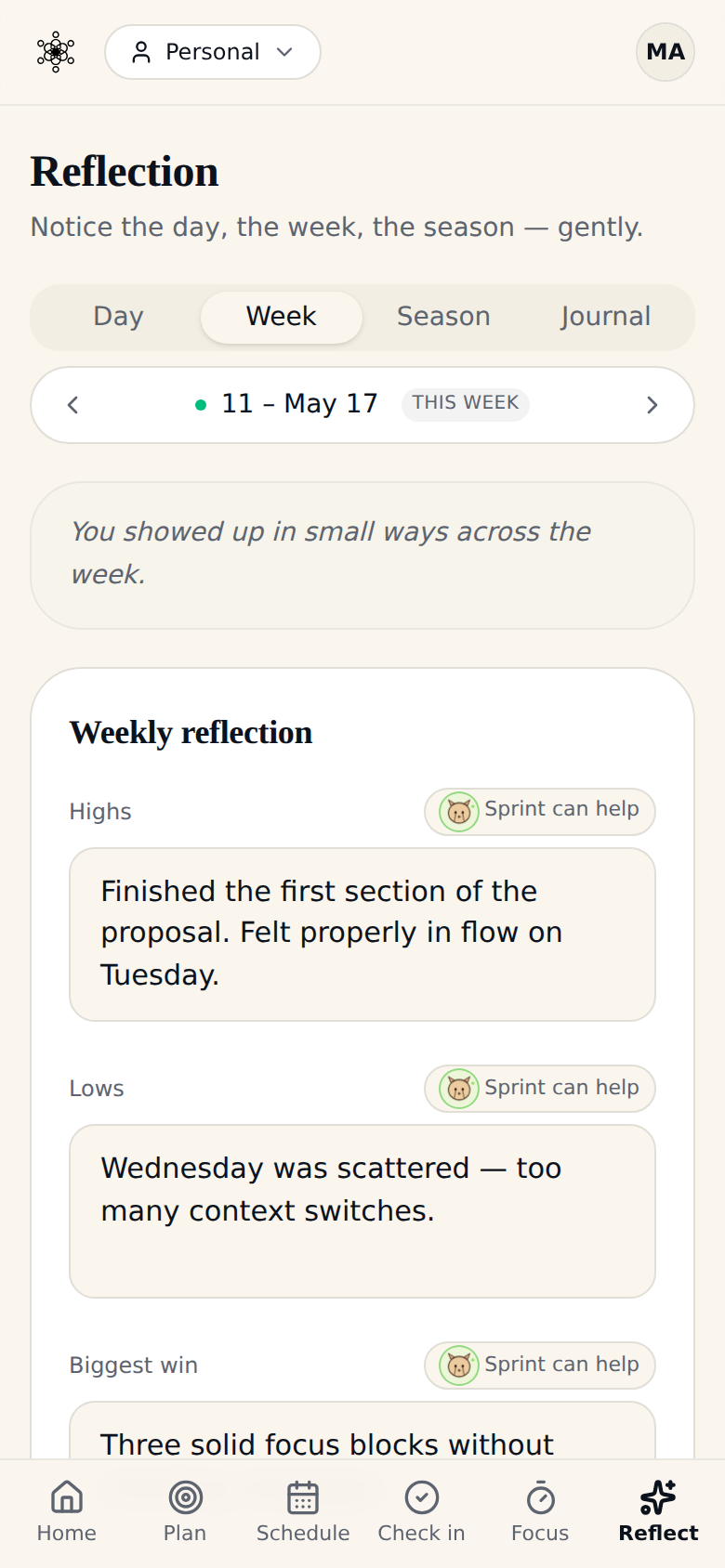 Reflection with agent support