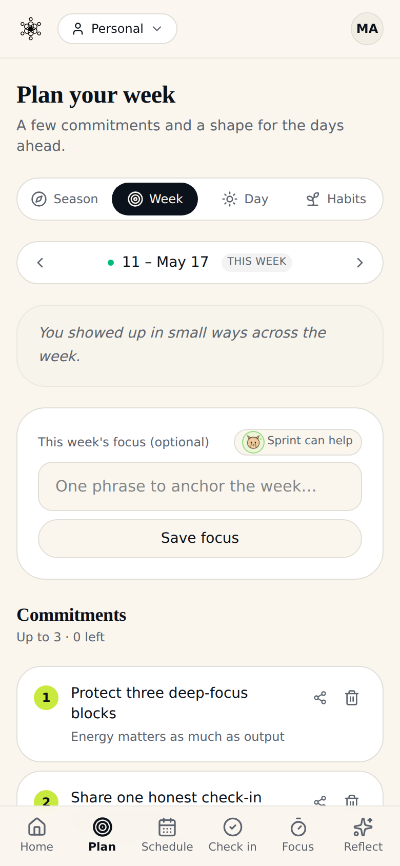 Weekly commitments